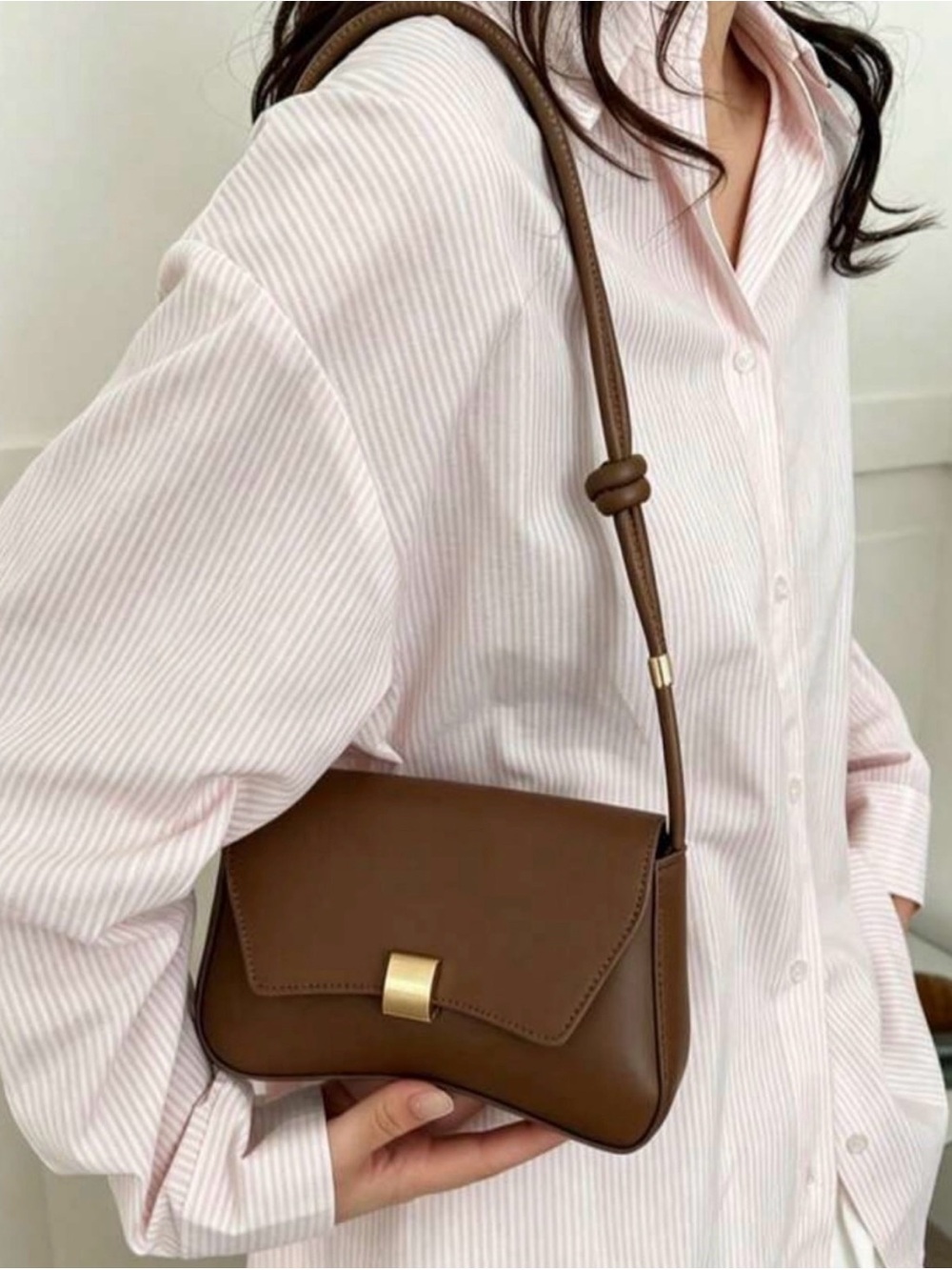 Nordstrom Brown Leather Shoulder fall Bag with Gold Hardware minimalist - Picture 2 of 2